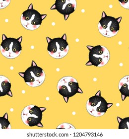 Black White Cat on Yellow Background. Vector Illustration.