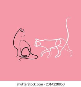Black and white cat, one line art on a pink background