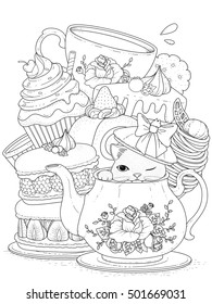black and white cat with pastry and tea, for coloration