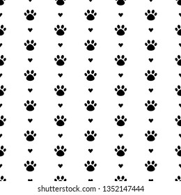 Black and white Cat Paw Dog Paw heart vector seamless repeat pattern . Surface pattern.