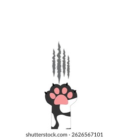 Black and white cat paw with scratch marks, cartoon style, pet behavior, playful animal, vector illustration