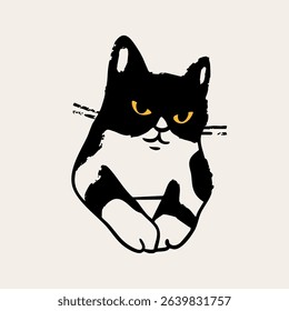 Black and white cat peeking, looking out. Funny character with yellow eyes. Cute emotional domestic animal. Hiding, hunting, playing concept. Hand drawn Vector illustration. Isolated element