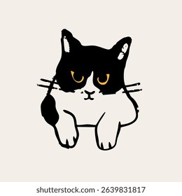 Black and white cat peeking, looking out. Funny character with yellow eyes. Cute emotional domestic animal. Hiding, hunting, playing concept. Hand drawn Vector illustration. Isolated element