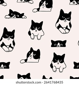 Black and white cat peeking, looking out. Funny characters set. Cute emotional domestic animal. Hiding, hunting, playing, sitting, lying concept. Hand drawn Vector illustration. Seamless Pattern