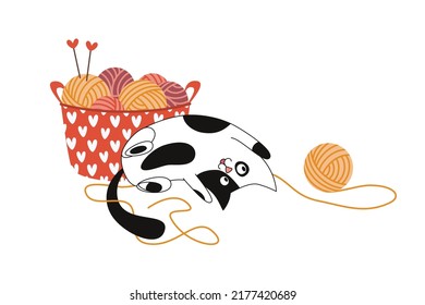 Black and White Cat Playing with Yellow Ball of Yarn, and Knitting Basket with Colorful Skeins of Wool Yarn and Needles. Vector Flat Illustration, Isolated on White, Cartoon, Clipart.