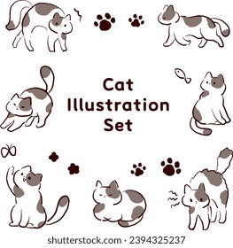 black and white cat pose illustration set