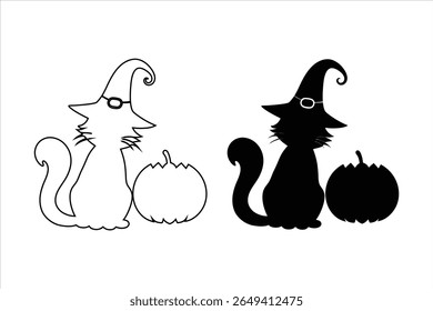 Black and white cat with pumpkin halloween witch hat