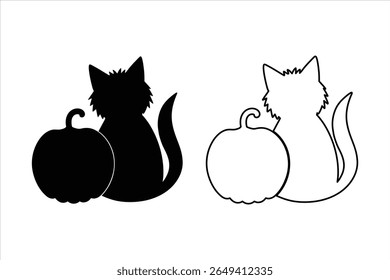 Black and white cat and pumpkin silhouettes vector