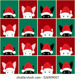 Black White Cat Rabbit Chess board Christmas Red Green Background. Seamless Vector Illustration