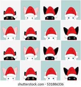 Black White Cat Rabbit Chess board Christmas Blue Gray Background. Seamless Vector Illustration