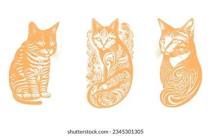 Black and white cat with salmon roll. Wall sticker. Color, graphic portrait of three cute kittens on a white background