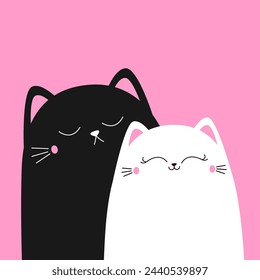 Black and white cat set. Cute cartoon funny kitty character. Kawaii animal in love. Love couple hugging kittens. Happy Valentines Day. Greeting card. Flat design. Pink background. Vector illustration