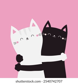 Black and white cat set. Cute cartoon funny kitty character gugs. Kawaii animal in love. Love couple hugging kittens. Happy Valentines Day. Greeting card. Flat design. Pink background. Vector