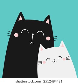 Black and white cat set. Happy Valentines Day. Kawaii animal in love. Love couple hugging kittens. Cute cartoon funny kitty character. Greeting card. Flat design. Blue background. Vector illustration