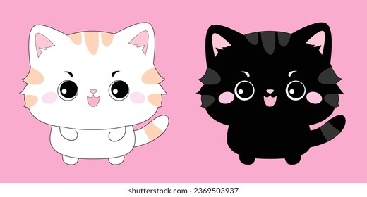 Schwarz-Weiß-Katzenset. Kopf-Gesicht Silhouette Symbol. Kätzchen mit großen Augen. Cute Cartoon lustige Babyfigur. Haustier-Sammlung. Kawaii-Tier. Aufkleber drucken. Flaches Design. rosafarbener Hintergrund. Einzelne Vektorgrafik