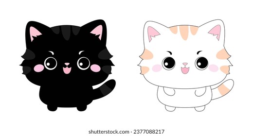 Black and white cat set. Head face silhouette icon. Kitten with big eyes. Cute cartoon funny baby character. Kawaii animal. Pet collection. Sticker print. Flat design. White background Isolated Vector
