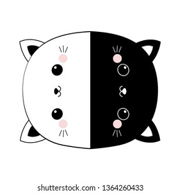 Black and white cat set round icon. Head face line contour silhouette. Pink blush cheeks. Funny kawaii smiling animal. Cute cartoon funny character. Pet collection. Flat design Baby background. Vector