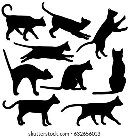 Black and white cat silhouettes vector illustration. Cut out feline shapes in different poses.