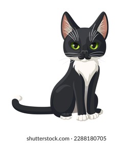 Black and white cat sits on a white background. Cartoon black cat with green eyes, white chest and paws. Head in full face. Vector stock illustration.