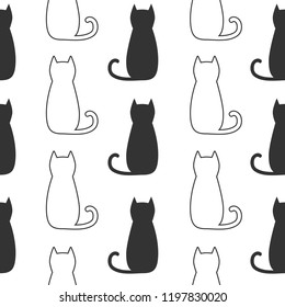 Black and white cat sitting back seamless pattern background wallpaper vector eps10