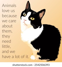 Black and white cat sitting. Domestic kitty. Vector illustration.