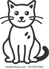 A black and white cat is sitting on a white background. The cat has a cute and friendly expression