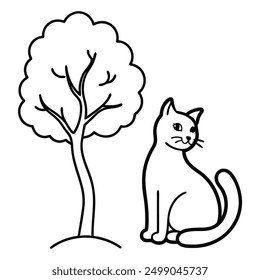 Gato blanco y negro sentado debajo del árbol para el arte de línea de Vector de disfraces del Día Internacional del Gato.