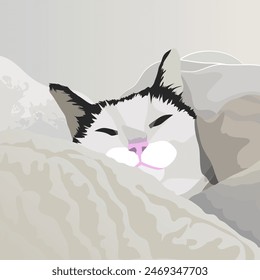 A black and white cat is sleeping in a white blanket. Theme. The illustration is made mainly in cold colors. The picture conveys calmness, relaxation, pleasure.