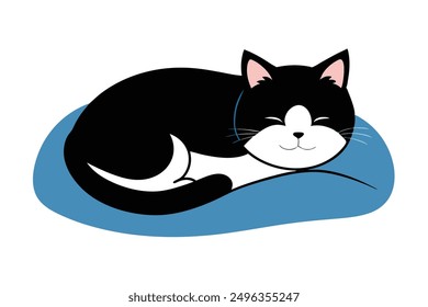 Black and White Cat Sleeping on Pillow Vector Illustration for Cat Day.