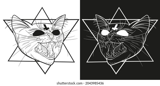 Black and white cat in a star with a cross, art for Halloween or tattoo