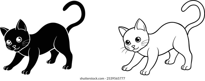 Ilustración de estiramiento de gato blanco y negro