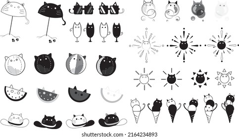 Black and white cat summer item icon set. White and black cat beach parasol, sunglasses, glasses, beach ball, watermelon, capeline hat, bubbles, fireworks, sun, ice cream