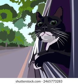 A black and white cat is traveling in a car on the road and looking out of the window. The illustration is made mainly in warm colors. The picture conveys calmness, pleasure, meditation, delight.