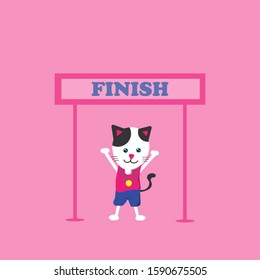 Black and white cat wear pink vest and blue shorts and golden medal on neck at finish line on pink background. Health and runner concept.