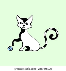 Black and White Cat with Yarn Ball