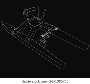 Um desenho de catamarã preto e branco se destaca com contornos brancos nítidos contra um fundo escuro. O design minimalista destaca a estrutura elegante do barco e cascos duplos.