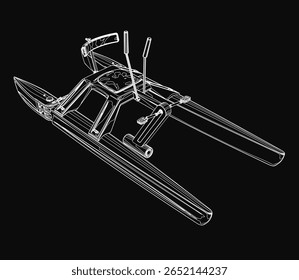 Um desenho de catamarã preto e branco se destaca contra um fundo escuro com casco detalhado, velas e cordame. A composição de alto contraste enfatiza o design elegante do barco.