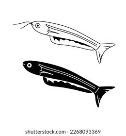 black and white catfish silhouette, on white background. animal, fish, catfish, fishing, seafood, food, river, lake, freshwater, blue, black, white, sticker, doodle, clipart, vector illustration