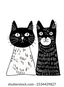 Black and white cats with abstract design in cartoon vector illustration, doodle style, hand-drawn, on a white background