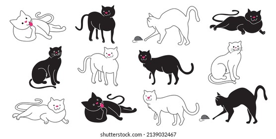 Black and white cats in action. Catching a mouse, resting, taking a nap, washing and stretching.