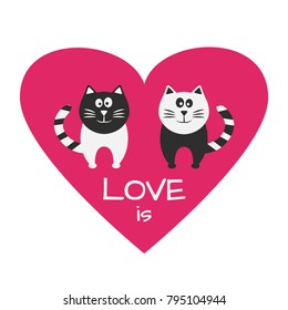 Black and white cats couple in the center pink heart and inscription LOVE. Festive card for Valentine's Day. Vector illustration