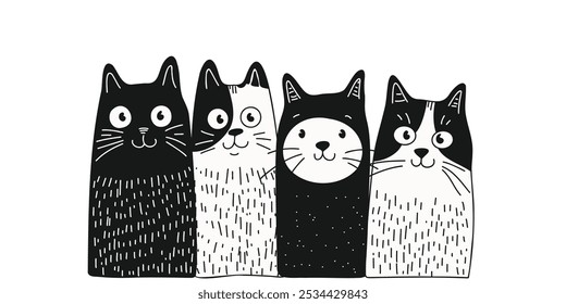 Black and white cats with cute faces in cartoon style, doodle style, hand-drawn, on a white background