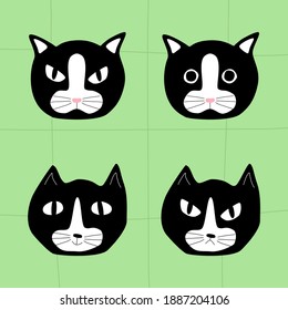 Gatos negros y blancos con diferentes emociones. Sorprendido, amable y enfadado gato. Caricatura del grupo de cabezas de gato. 