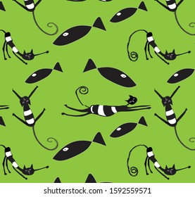 Black and White Cats and black fish pattern on a bright green background.