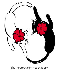 black and white cats with flowers