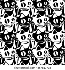 Black and white cats. Funny cartoon kittens. Vector seamless pattern. Tiled texture made of puzzle components. Pattern elements fit each other. Pattern swatch included.