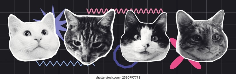 Black and white Cats halftone Collage with Abstract Graphic Elements on grid