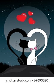 Black and white cats in love - vector valentine card with hearts