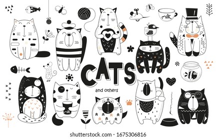 Black and white cats and other set. Hand drawn. Doodle cartoon cats and elements for nursery posters, cards, t-shirts. Vector illustration. Kitten, feline, mouse, fish and flower.