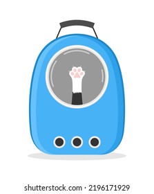 Black and white cat's paw in the window of a blue carrier bag on a white background. Flat vector illustration